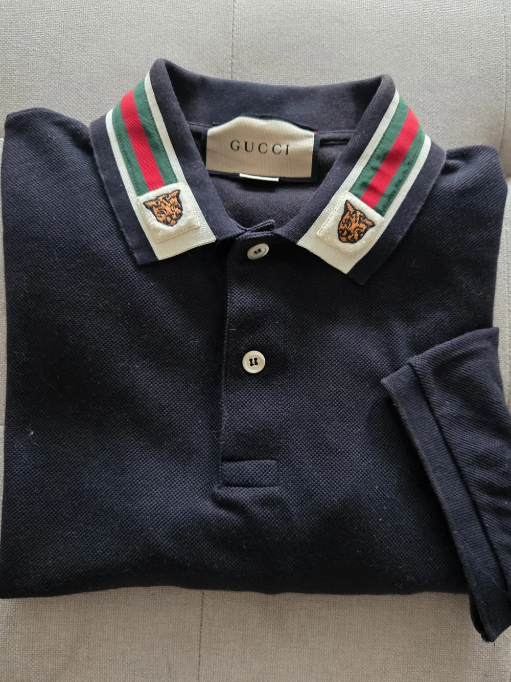 Men's Gucci Navy Polo with Tiger. Green & Red Stripe Collar Size L. Worn Once